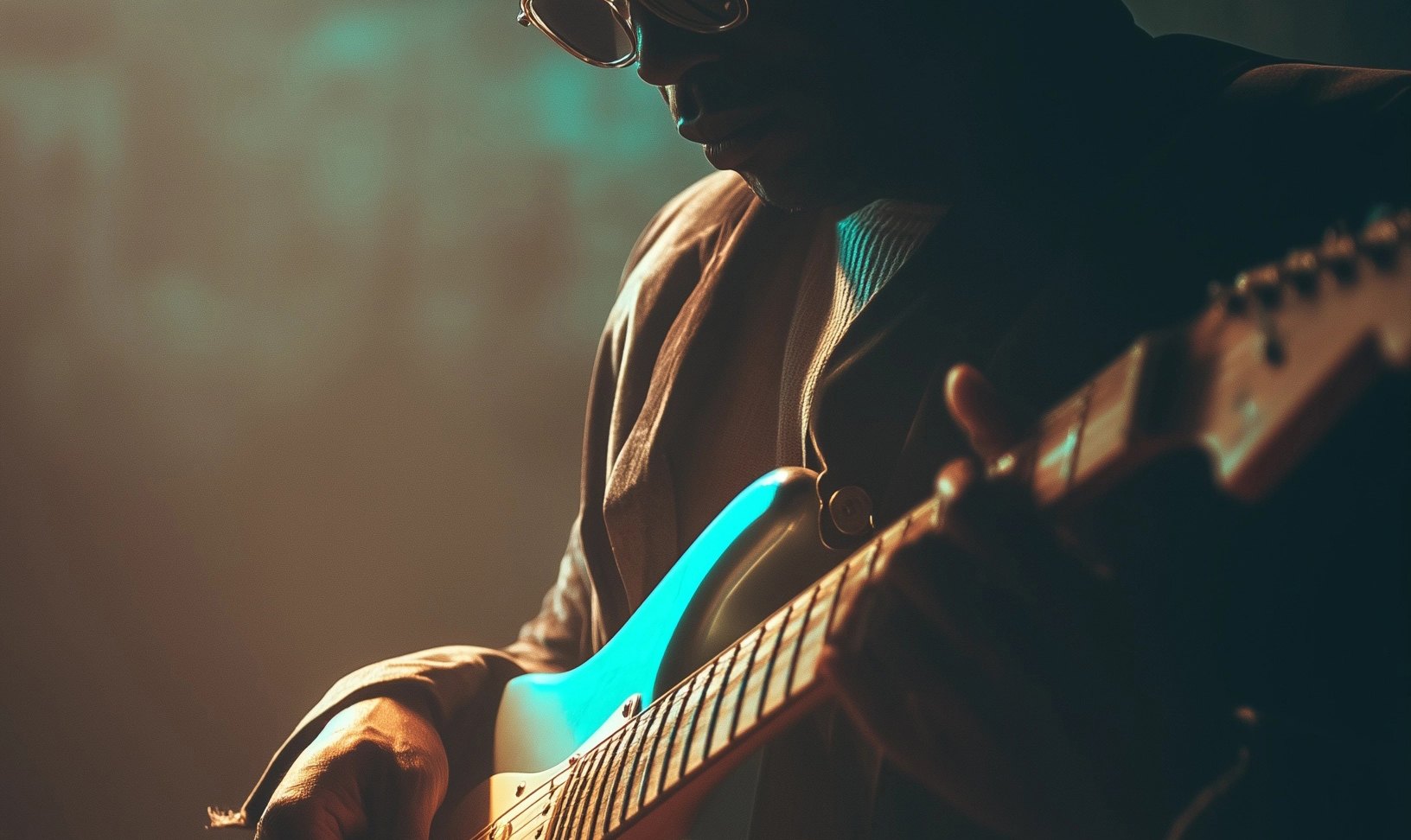 A guitarist lit in teal and amber stage light at Oscars Bar